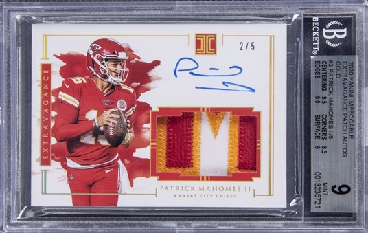 2020 Panini Impeccable Extravagance Patch Autographs Gold #3 Patrick Mahomes II Signed Patch Card (#2/5) - BGS MINT 9/BGS 10